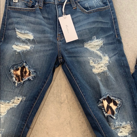 KanCan denim distressed leopard fabric jeans - Picture 2 of 10